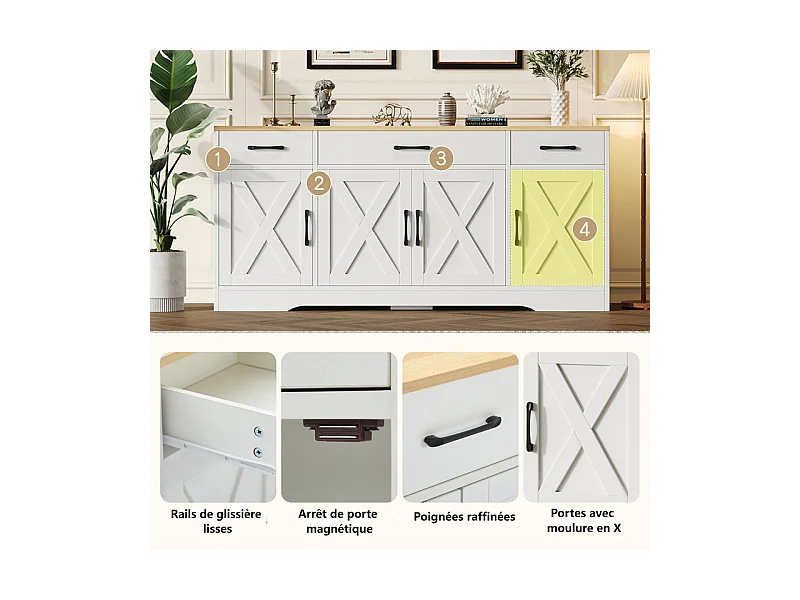 Buffet avec 3 tiroir 4 portes - MDF - Meuble TV - Naturel clair et Blanc - 160x37x75cm