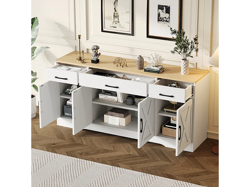 Buffet avec 3 tiroir 4 portes - MDF - Meuble TV - Naturel clair et Blanc - 160x37x75cm