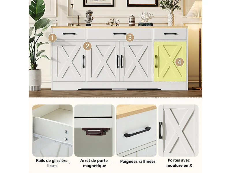 Buffet avec 3 tiroir 4 portes - MDF - Meuble TV - Naturel clair et Blanc - 160x37x75cm