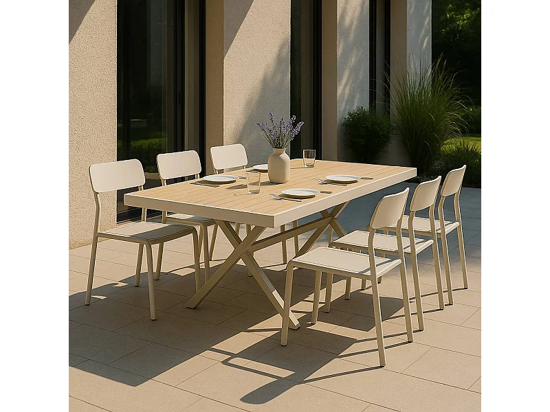 Table de jardin taupe et effet bois en aluminium Ayden