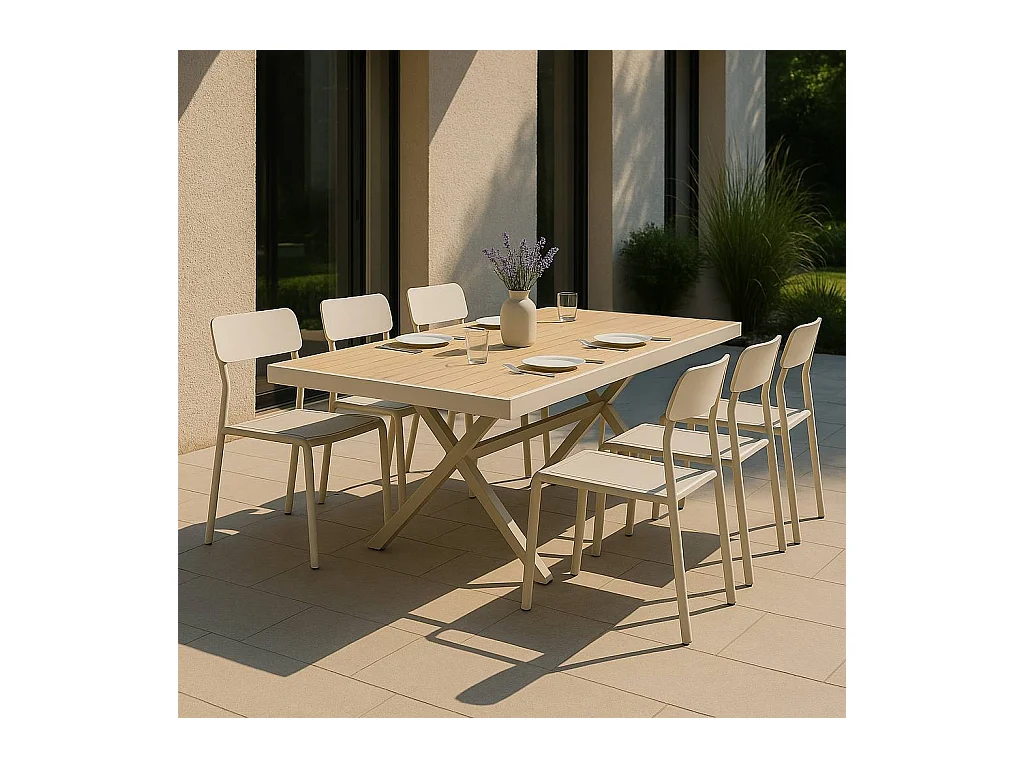Table de jardin taupe et effet bois en aluminium Ayden