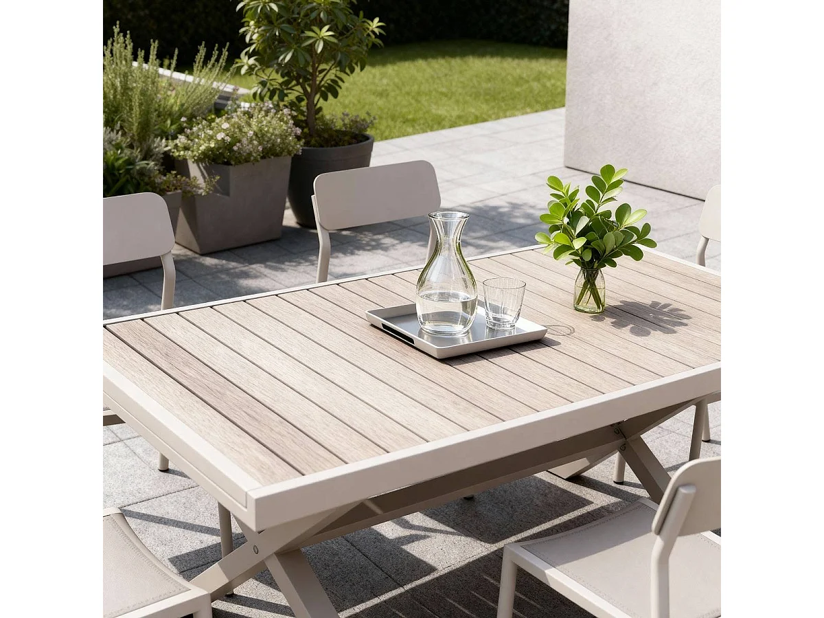 Table de jardin taupe et effet bois en aluminium Ayden