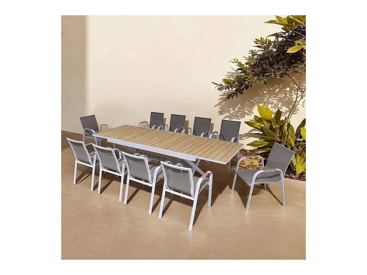 Table de jardin blanche et effet bois en aluminium Ayden