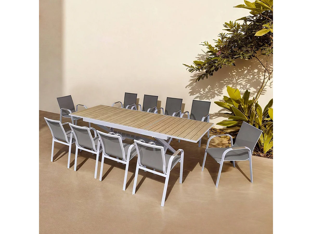 Table de jardin blanche et effet bois en aluminium Ayden