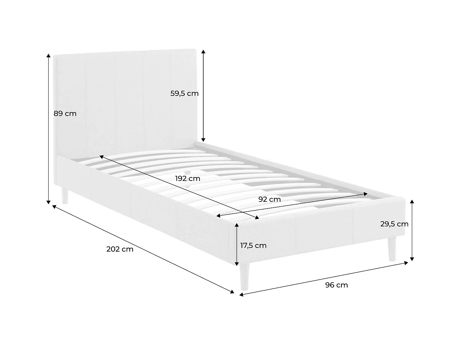 Lit avec sommier à lattes et tête de lit. finition tissu. gris clair. L 202 x P 96 x H 88cm