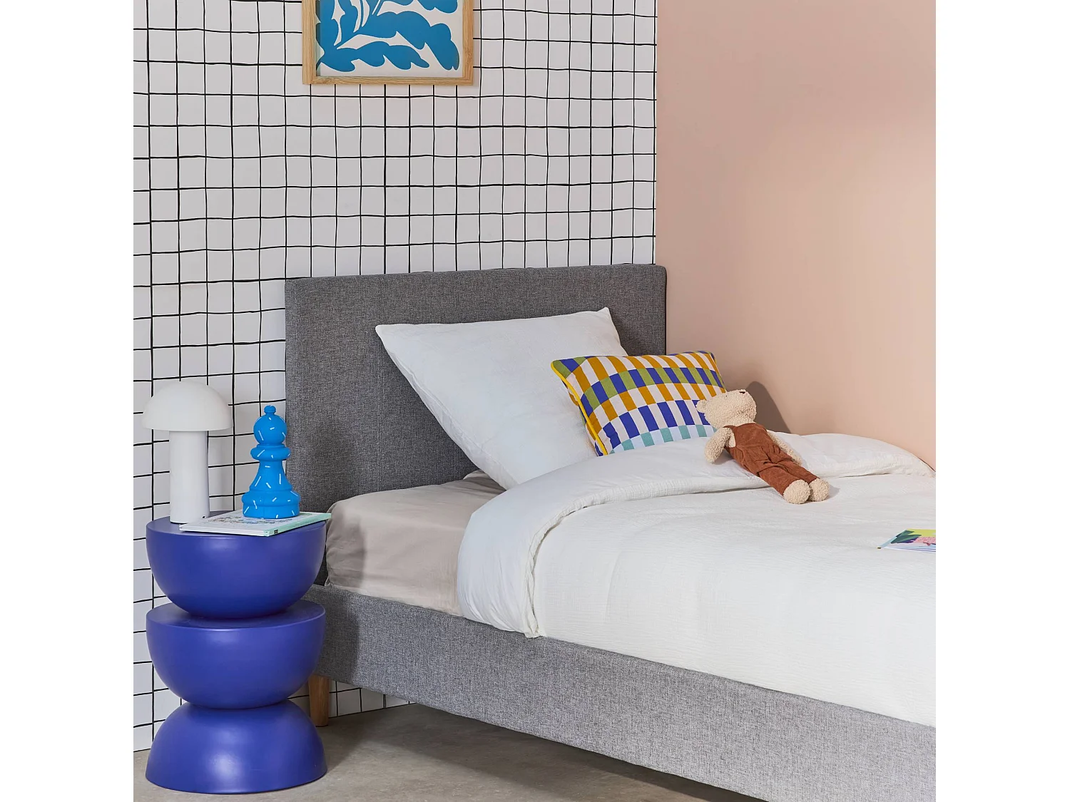 Struttura letto con rete a doghe e testiera 90cm, tessuto semplice,