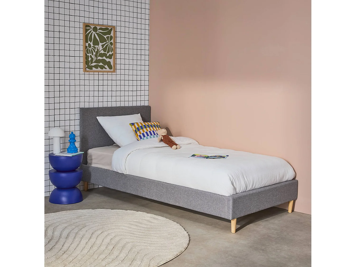 Struttura letto con rete a doghe e testiera 90cm, tessuto semplice,