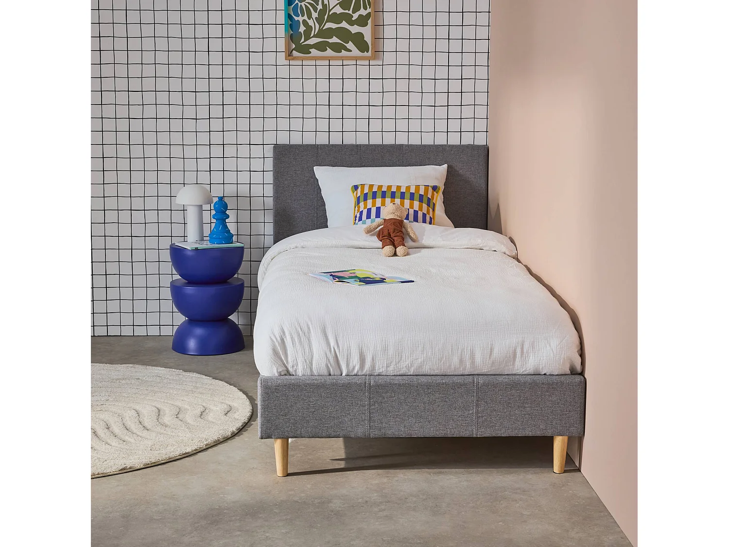 Struttura letto con rete a doghe e testiera 90cm, tessuto semplice,