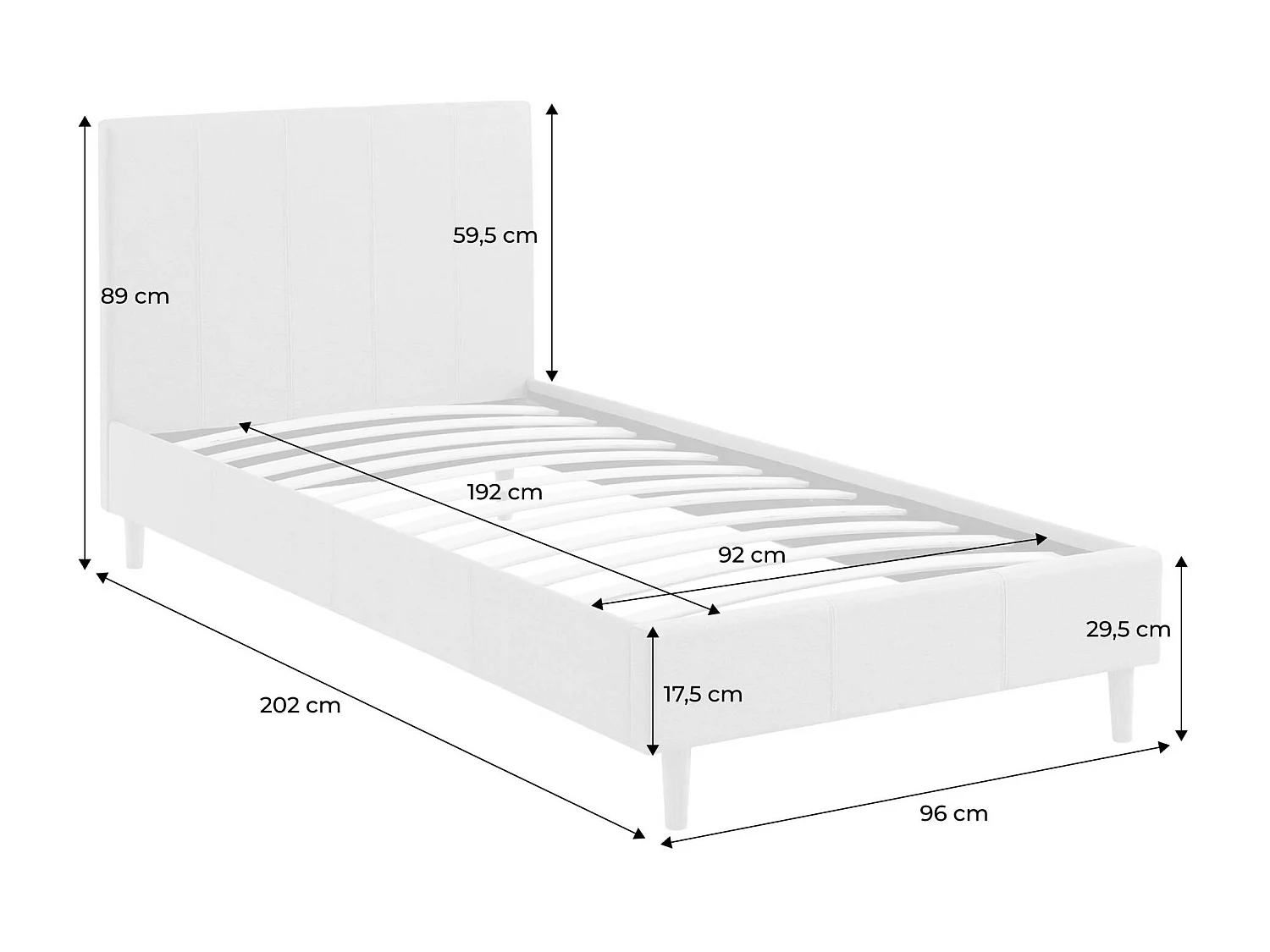 Struttura letto con rete a doghe e testiera 90cm, tessuto semplice,
