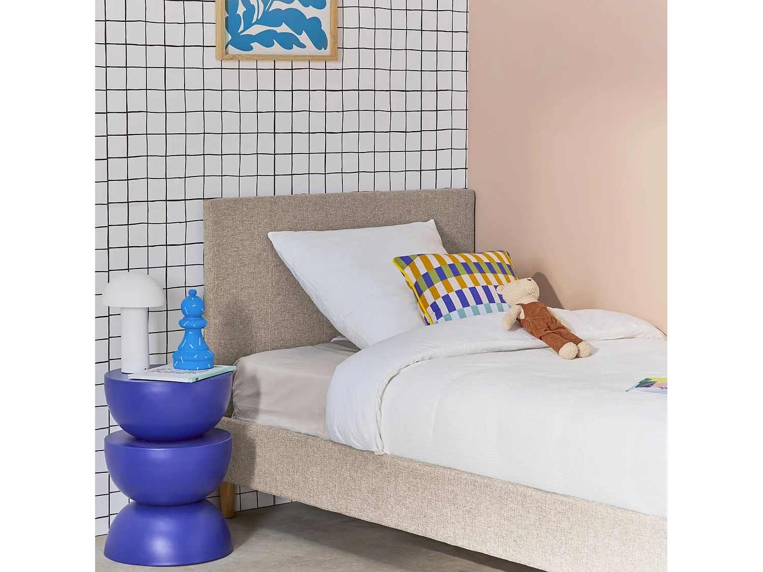 Struttura letto con rete a doghe e testiera 90cm, tessuto semplice,