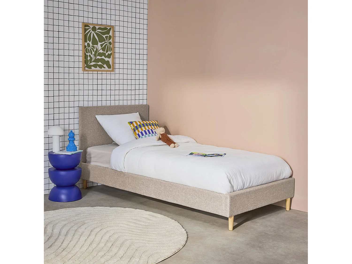 Struttura letto con rete a doghe e testiera 90cm, tessuto semplice,