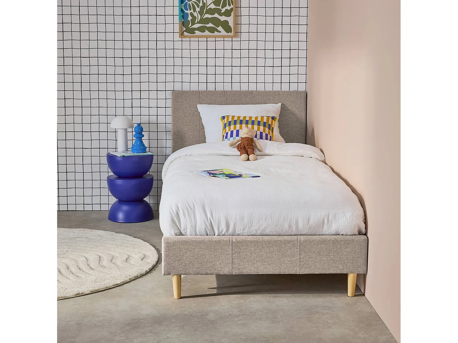 Struttura letto con rete a doghe e testiera 90cm, tessuto semplice,