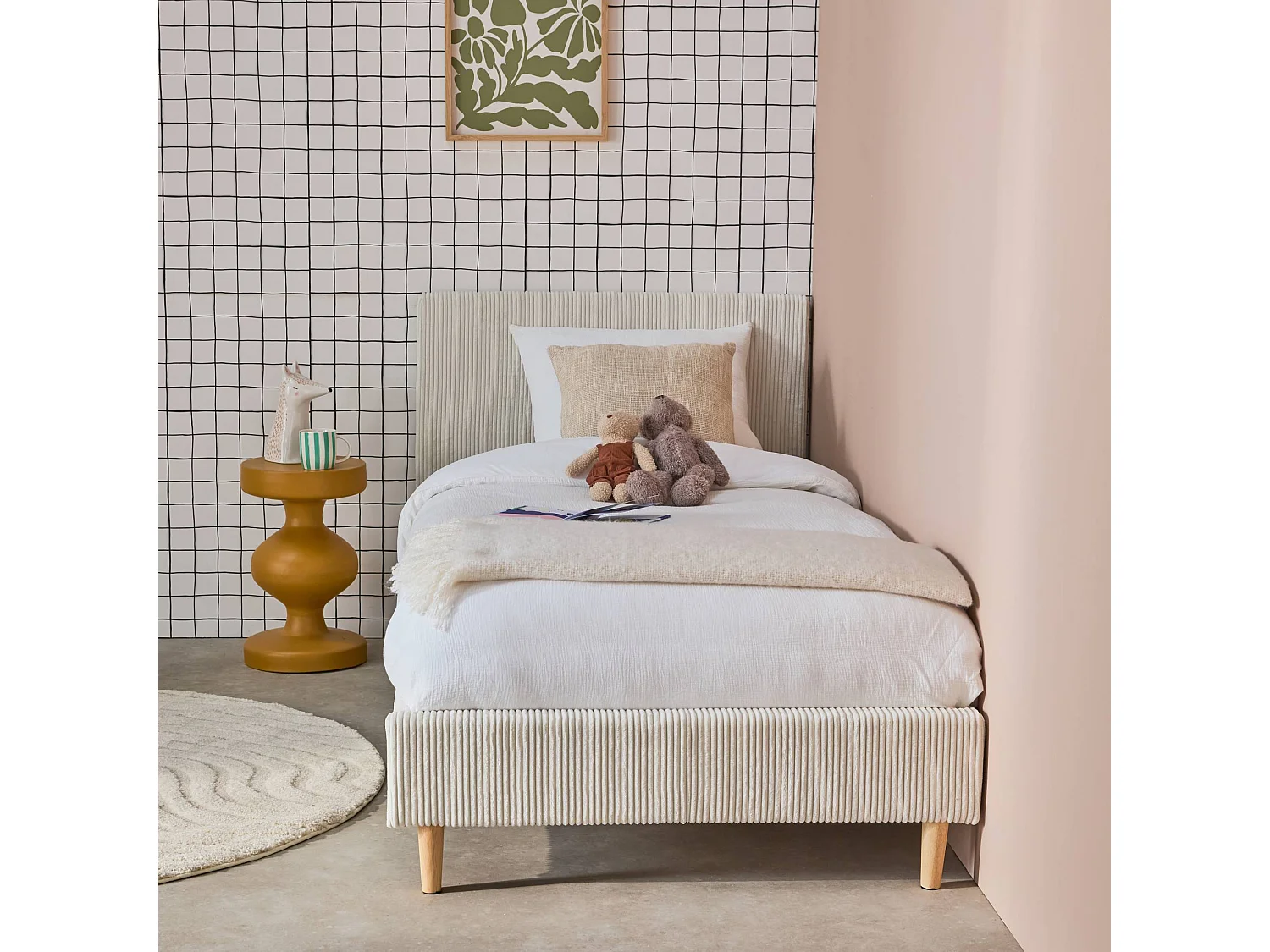 Struttura letto con rete a doghe e testiera 90x190cm, velluto a coste