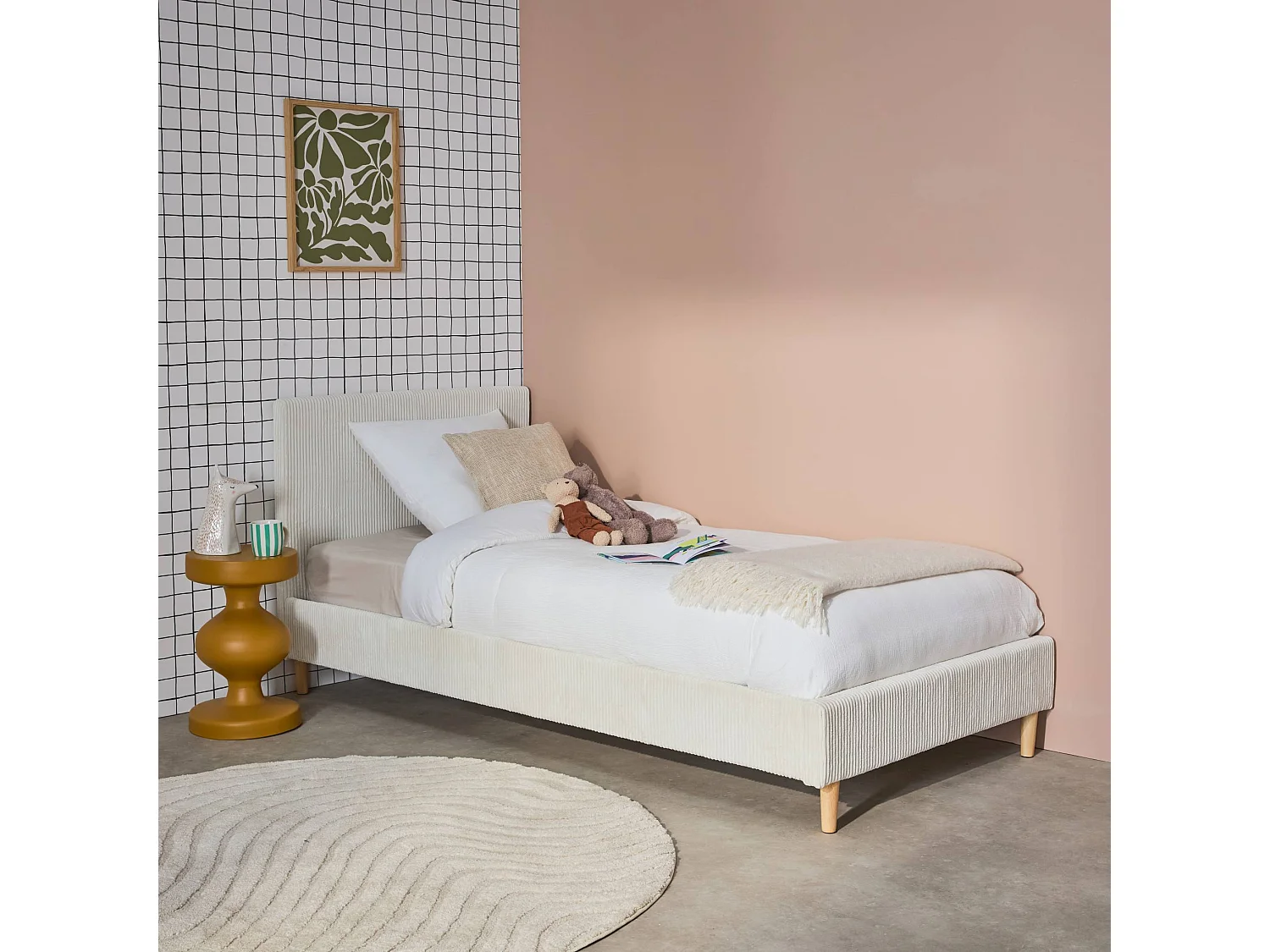 Struttura letto con rete a doghe e testiera 90x190cm, velluto a coste