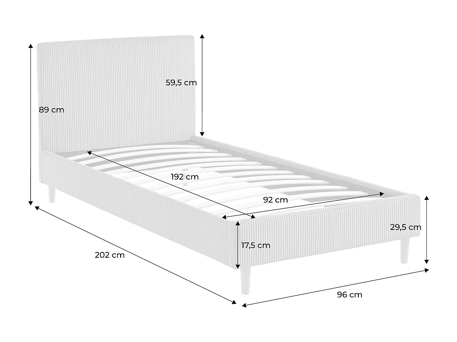 Struttura letto con rete a doghe e testiera 90x190cm, velluto a coste