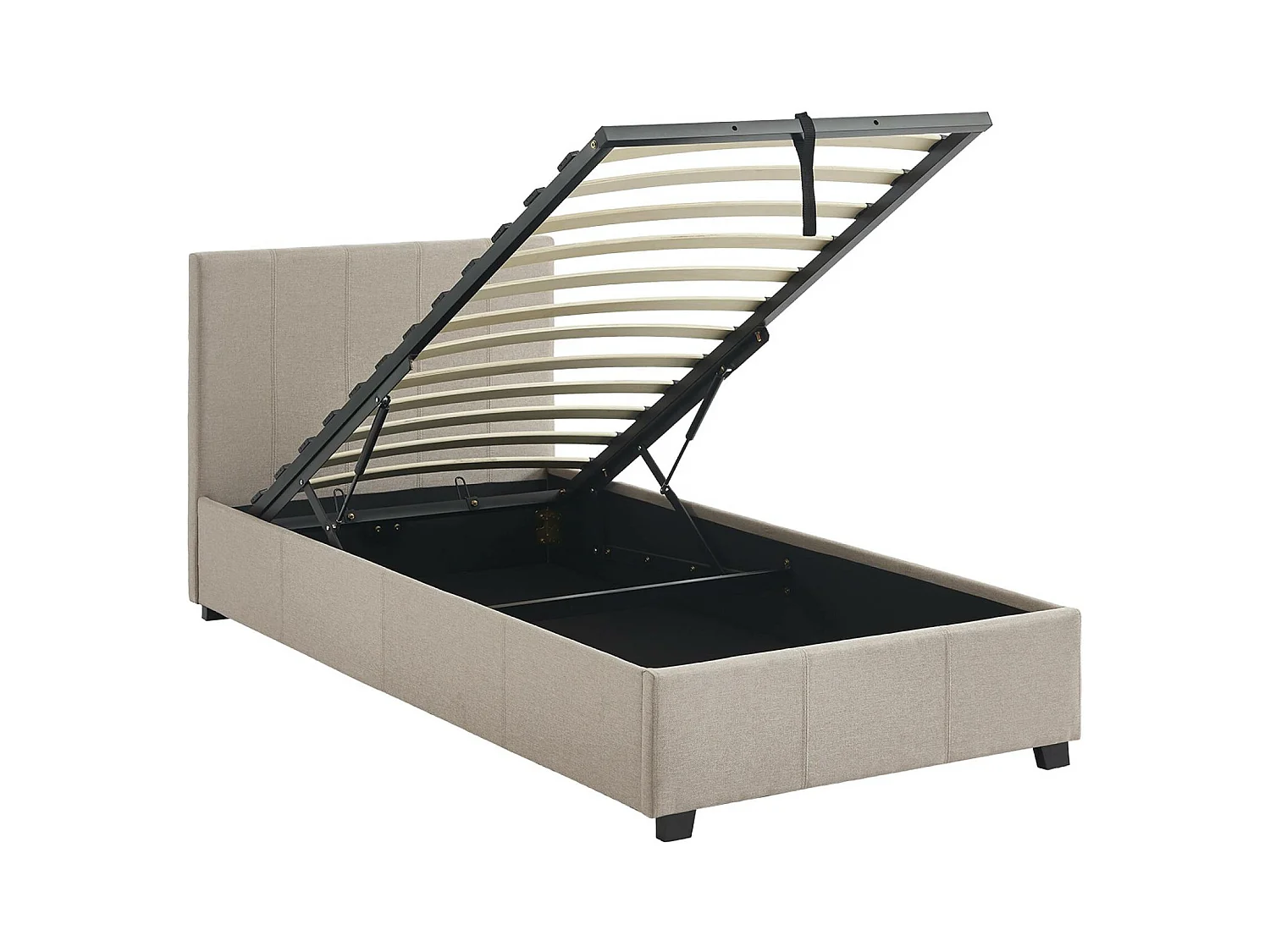 Lit coffre avec sommier à lattes et tête de lit. finition tissu beige. L 202 x P 97.5 x H 86cm