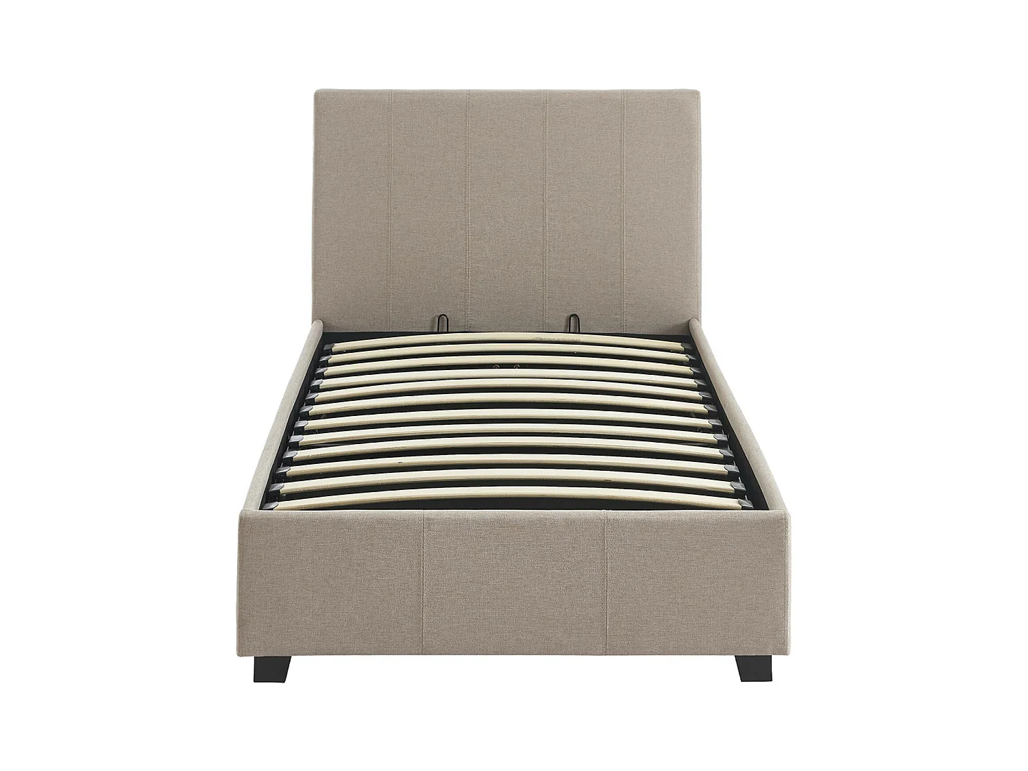 Lit coffre avec sommier à lattes et tête de lit. finition tissu beige. L 202 x P 97.5 x H 86cm