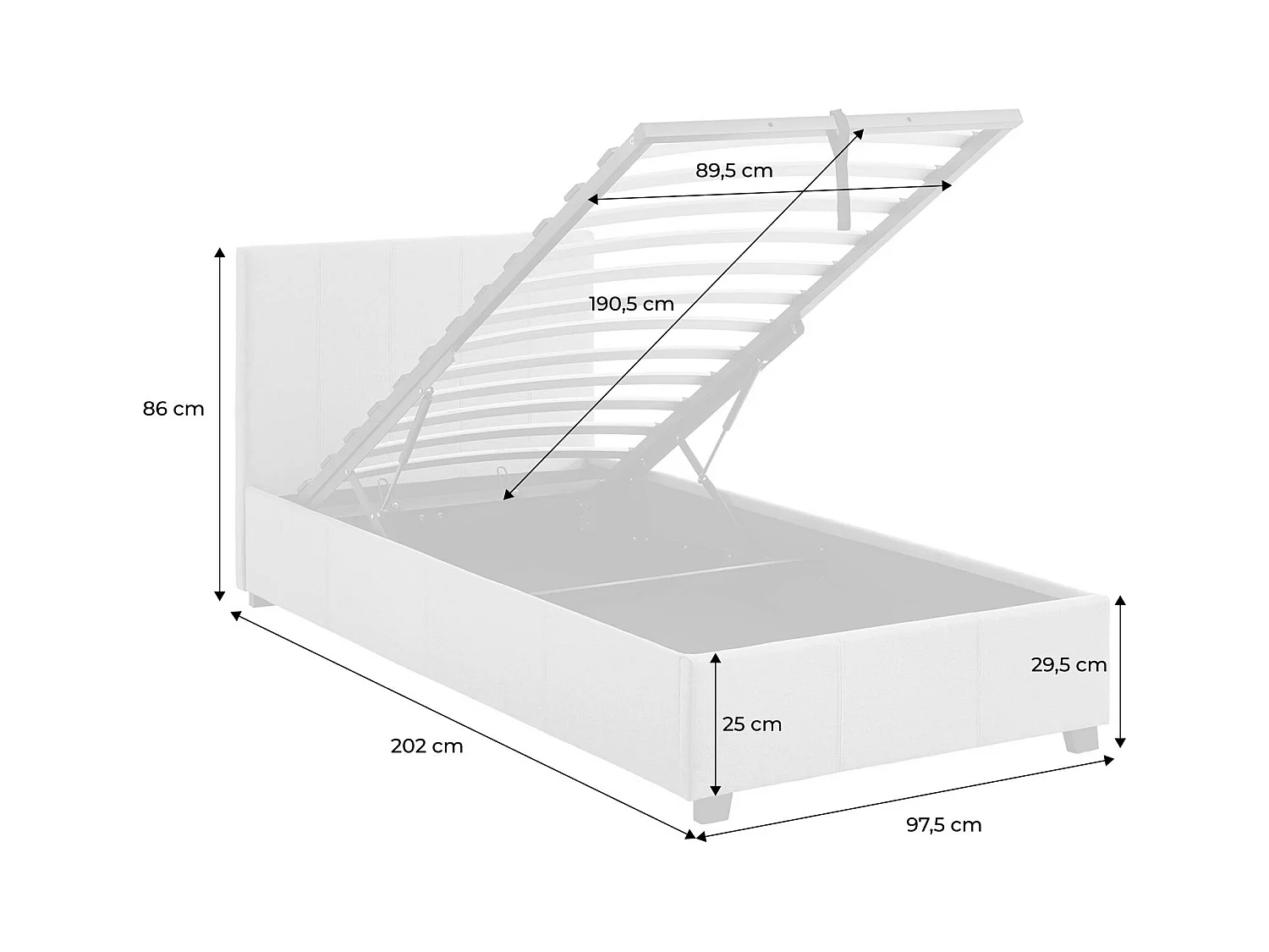 Lit coffre avec sommier à lattes et tête de lit. finition tissu beige. L 202 x P 97.5 x H 86cm