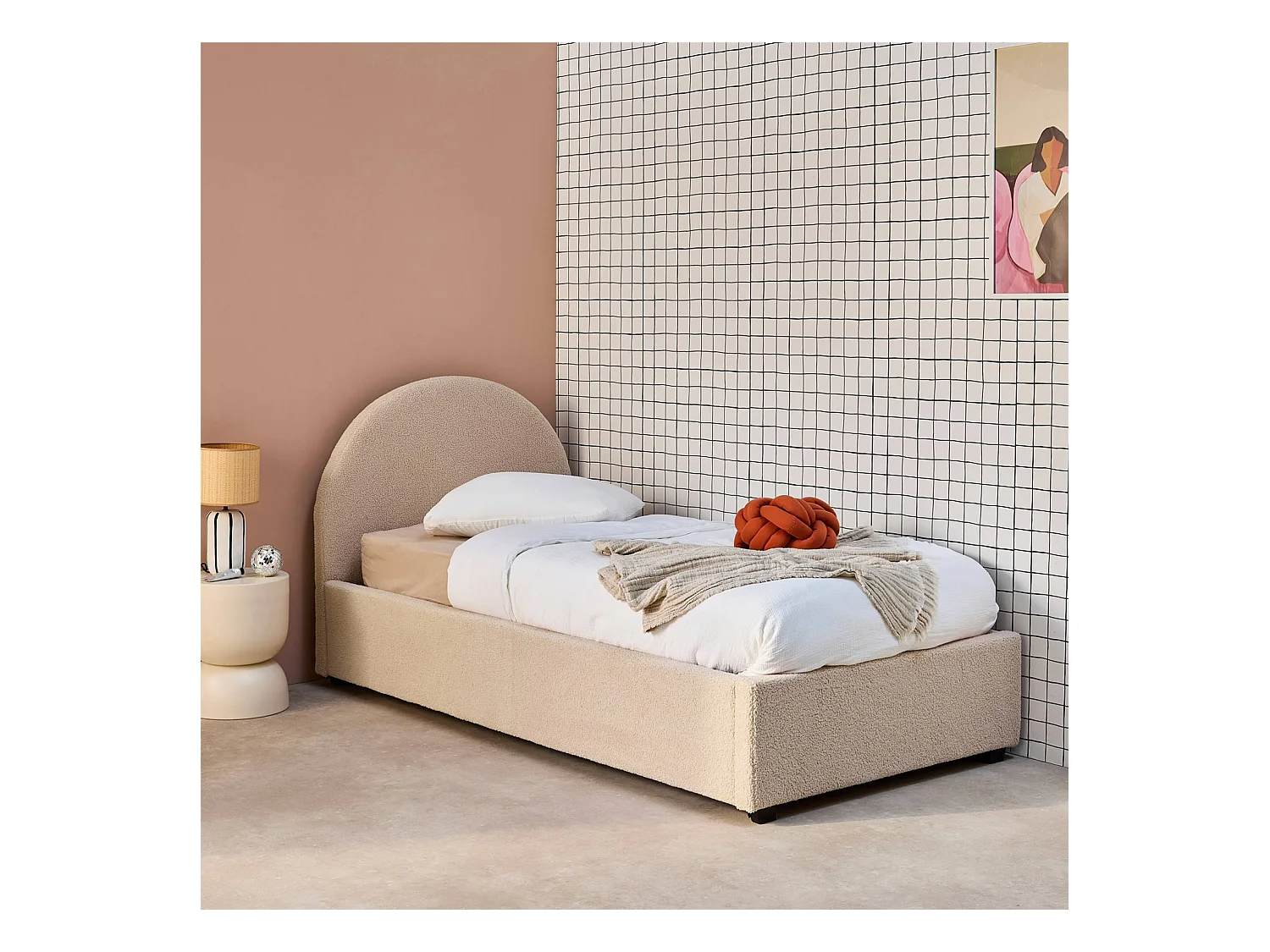 Cama con somier abatible y cabecero 90cm, acabado en borreguito nude