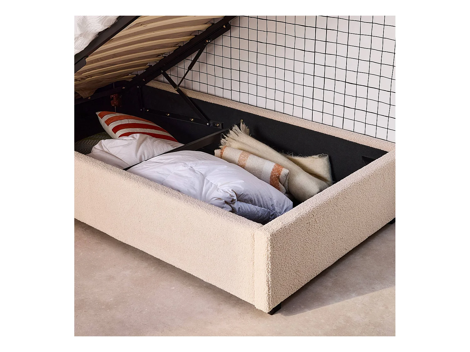 Cama con somier abatible y cabecero 90cm, acabado en borreguito nude