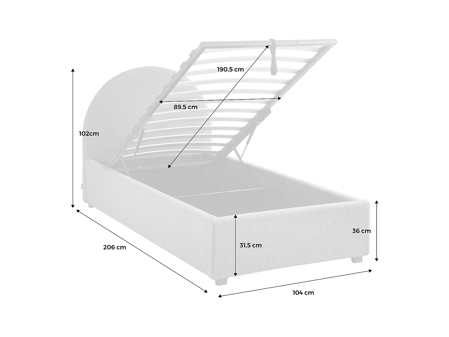 Cama con somier abatible y cabecero 90cm, acabado en borreguito nude