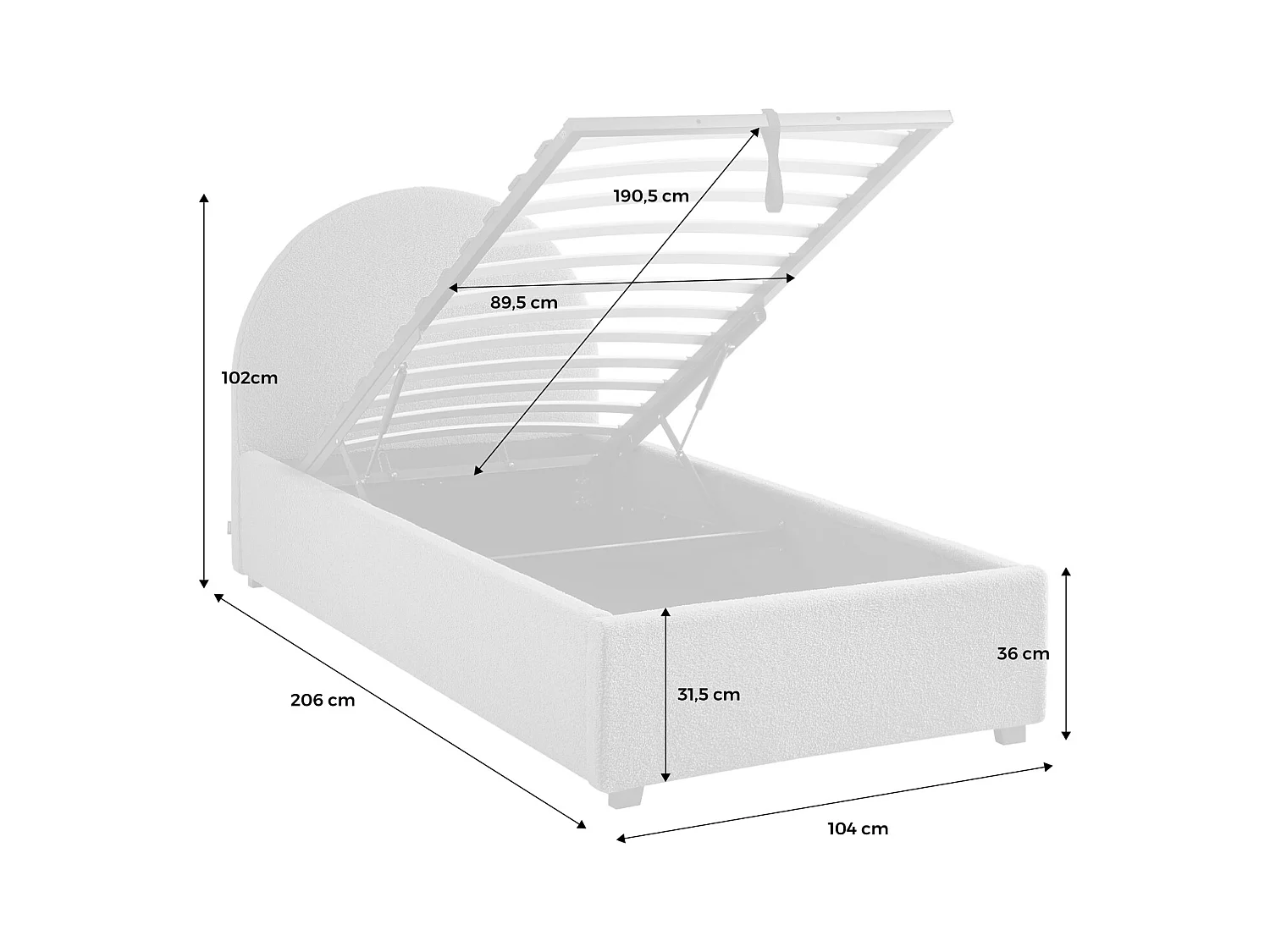 Cama con somier abatible y cabecero 90cm, acabado en borreguito nude