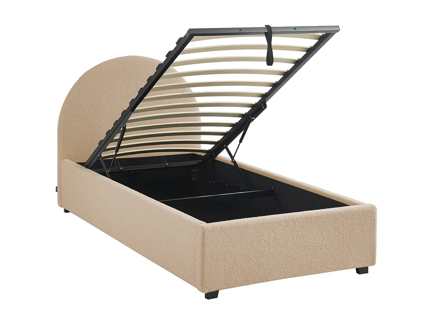 Struttura letto con contenitore e testiera 90cm, imbottita bouclé,