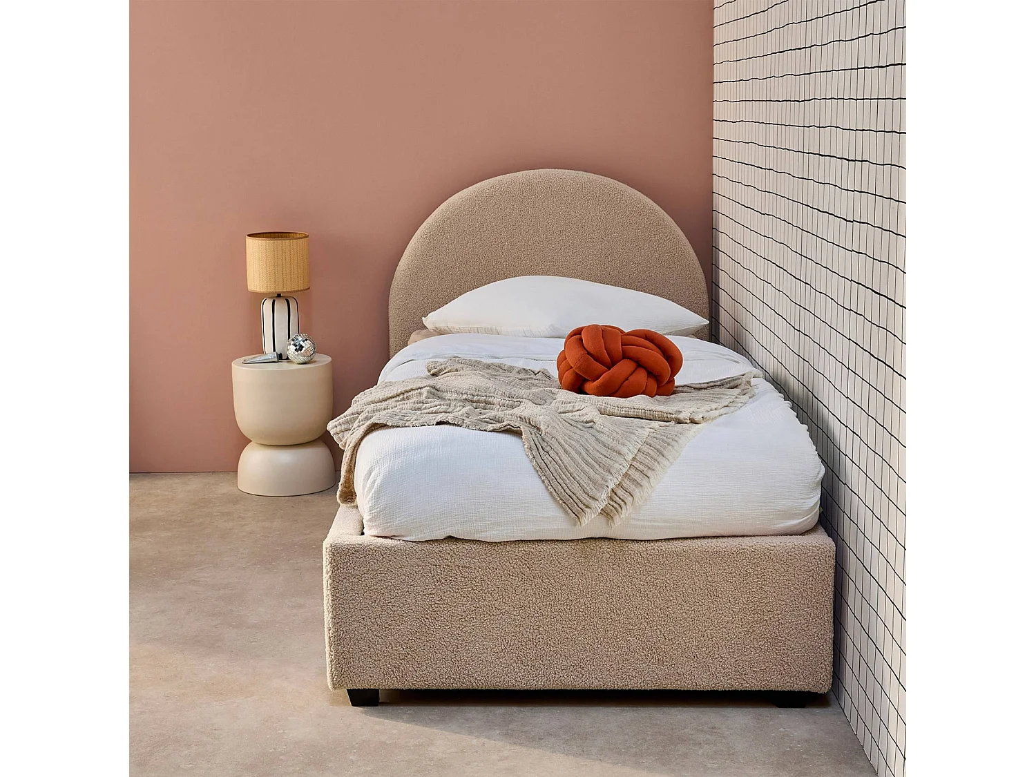 Struttura letto con contenitore e testiera 90cm, imbottita bouclé,