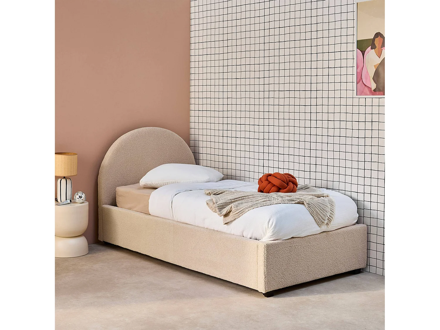 Struttura letto con contenitore e testiera 90cm, imbottita bouclé,
