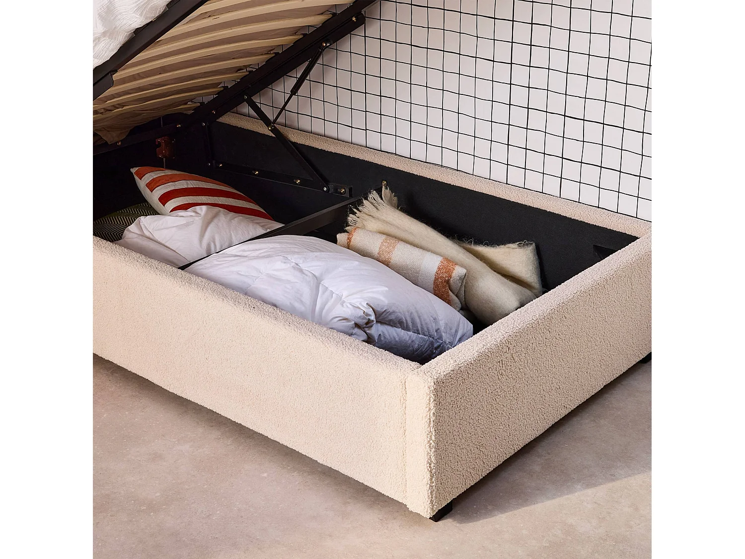 Struttura letto con contenitore e testiera 90cm, imbottita bouclé,