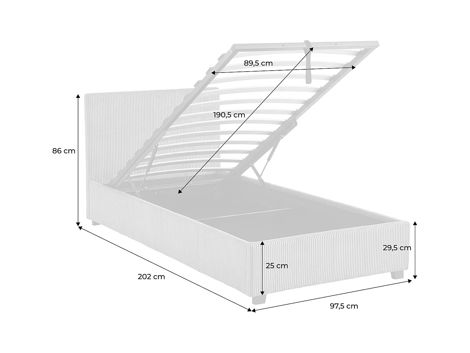 Letto con rete e testata pieghevoli 90cm, velluto a coste fini, rosa