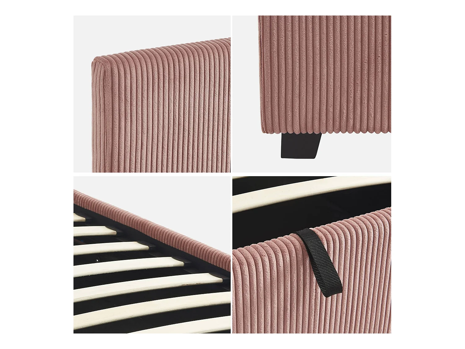 Letto con rete e testata pieghevoli 90cm, velluto a coste fini, rosa