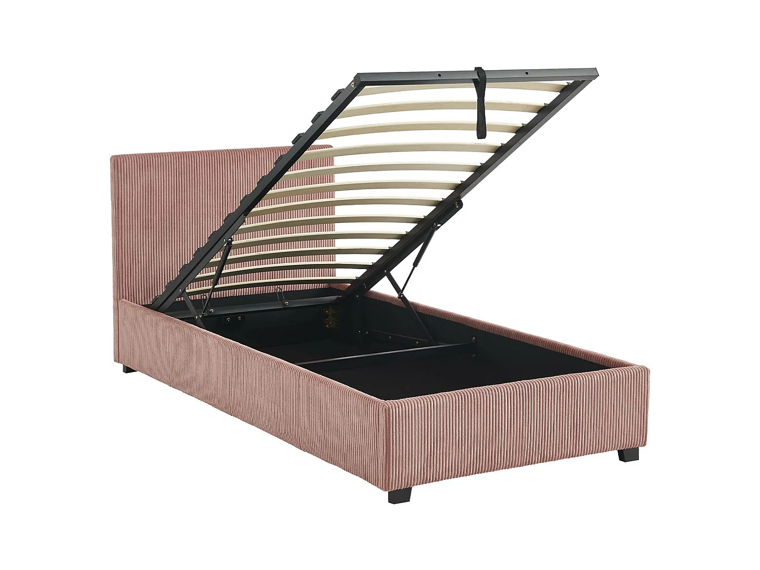 Lit coffre avec sommier à lattes et tête de lit. finition velours côtelé rose. L 202 x P 97.5 x H 86cm