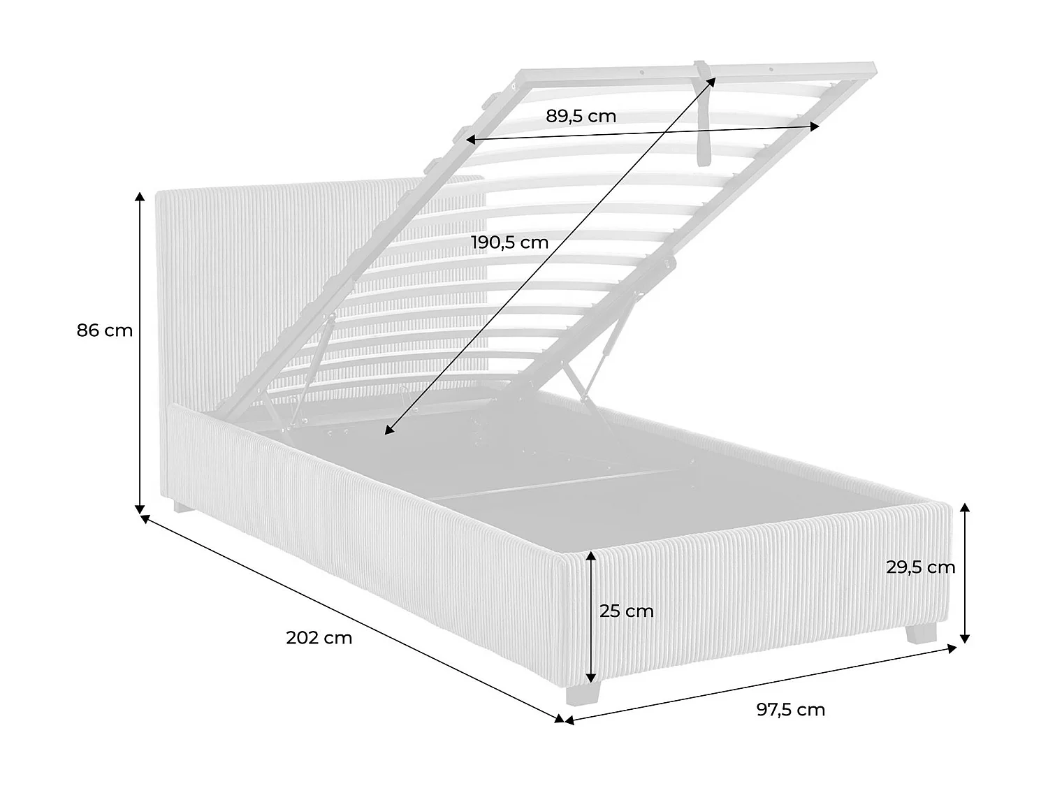Letto con rete e testata pieghevoli 90cm, velluto a coste fini, rosa