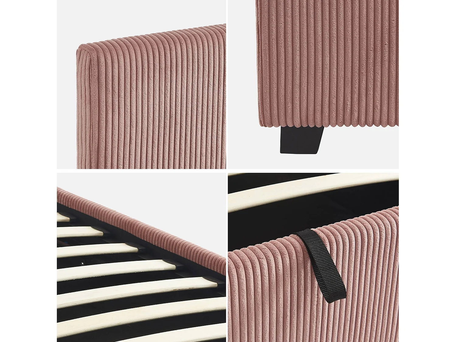 Letto con rete e testata pieghevoli 90cm, velluto a coste fini, rosa