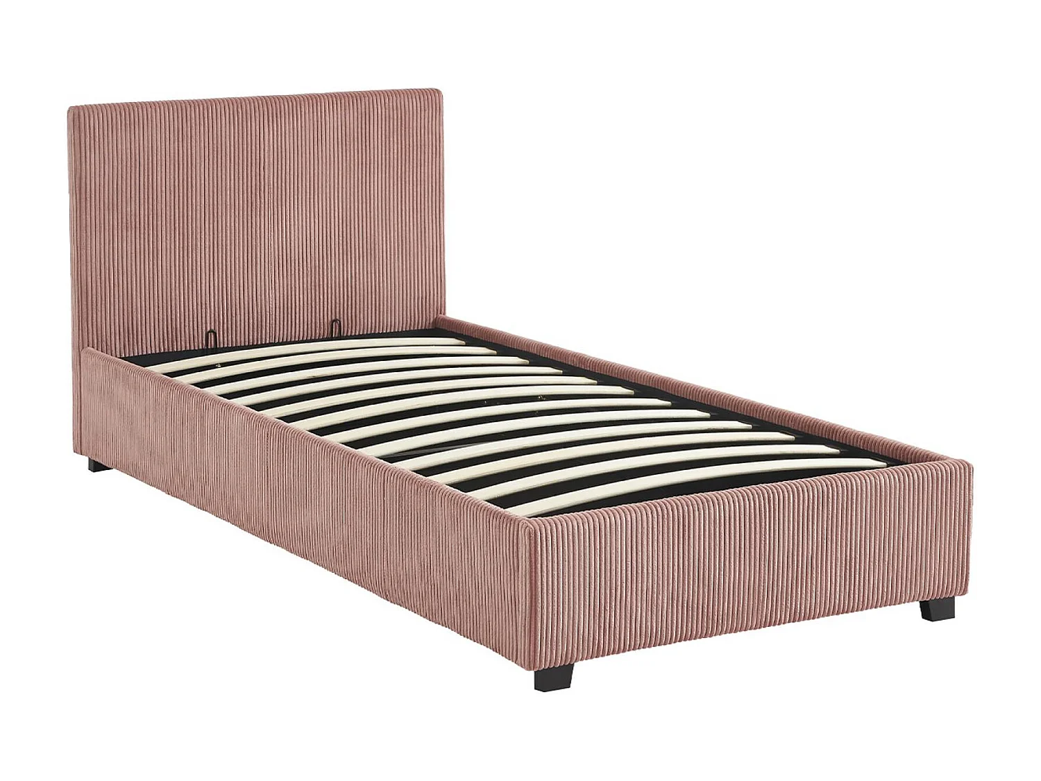 Lit coffre avec sommier à lattes et tête de lit. finition velours côtelé rose. L 202 x P 97.5 x H 86cm