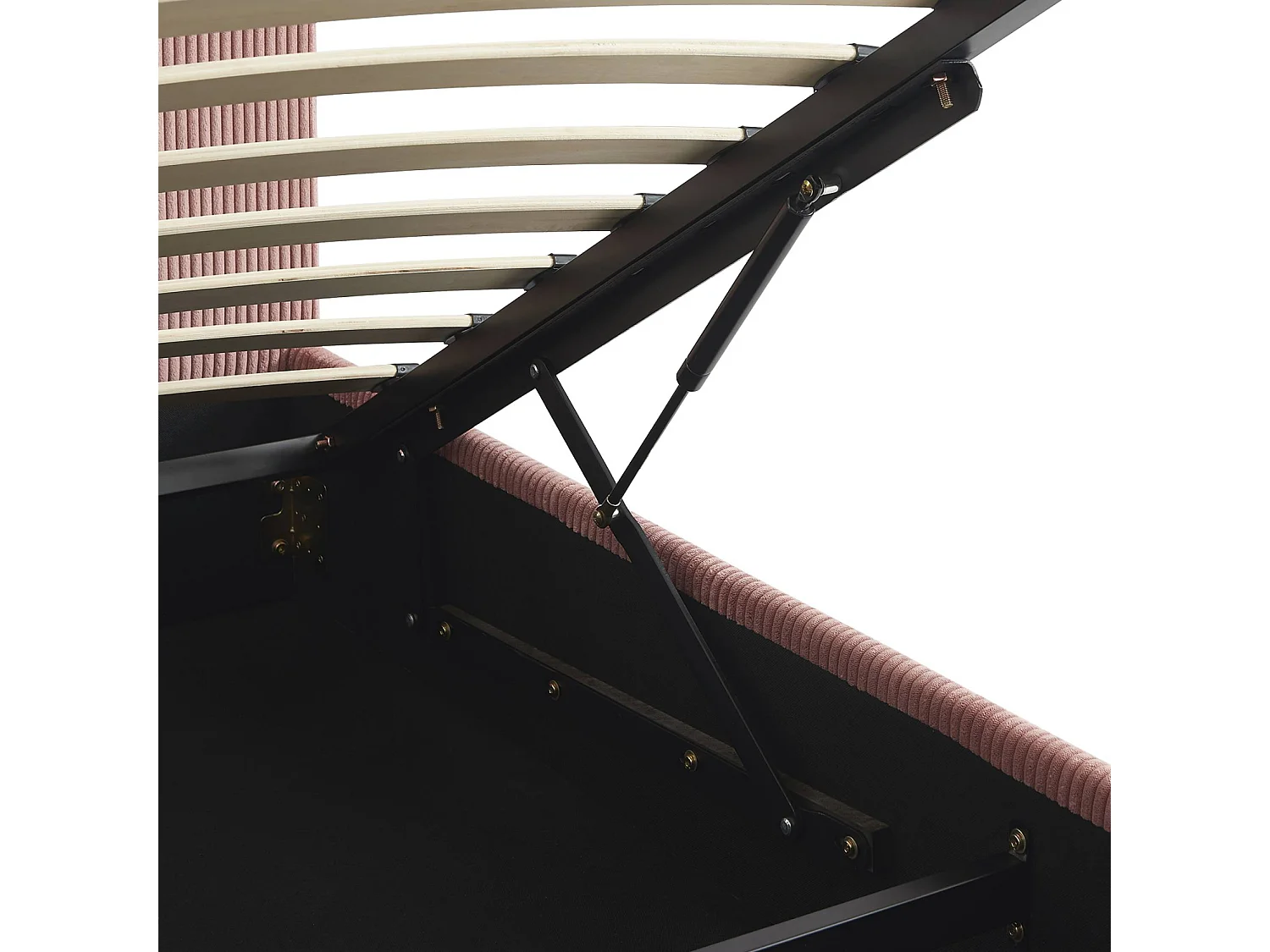 Lit coffre avec sommier à lattes et tête de lit. finition velours côtelé rose. L 202 x P 97.5 x H 86cm