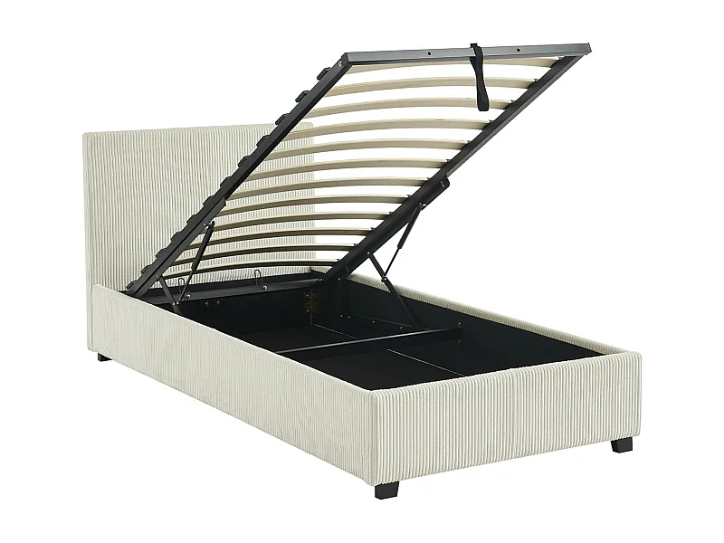 Lit coffre avec sommier à lattes et tête de lit. finition velours côtelé blanc. L 202 x P 97.5 x H 86cm