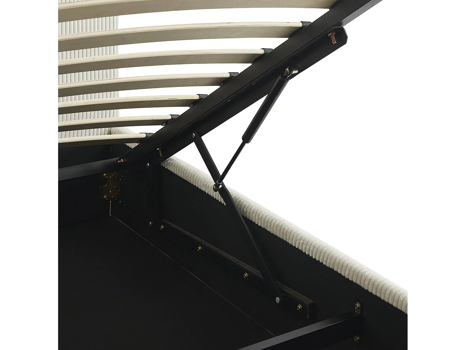 Lit coffre avec sommier à lattes et tête de lit. finition velours côtelé blanc. L 202 x P 97.5 x H 86cm