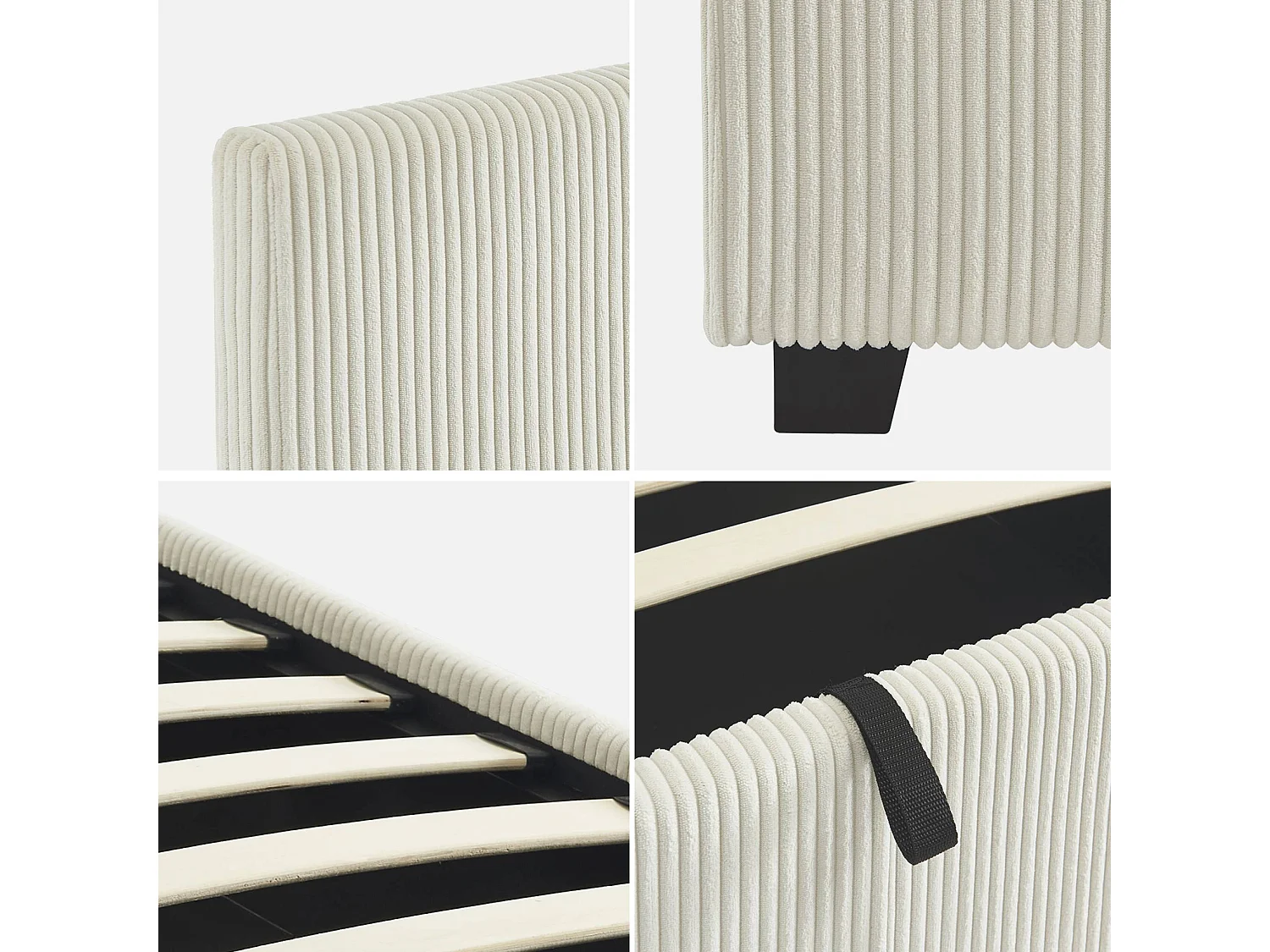 Lit coffre avec sommier à lattes et tête de lit. finition velours côtelé blanc. L 202 x P 97.5 x H 86cm