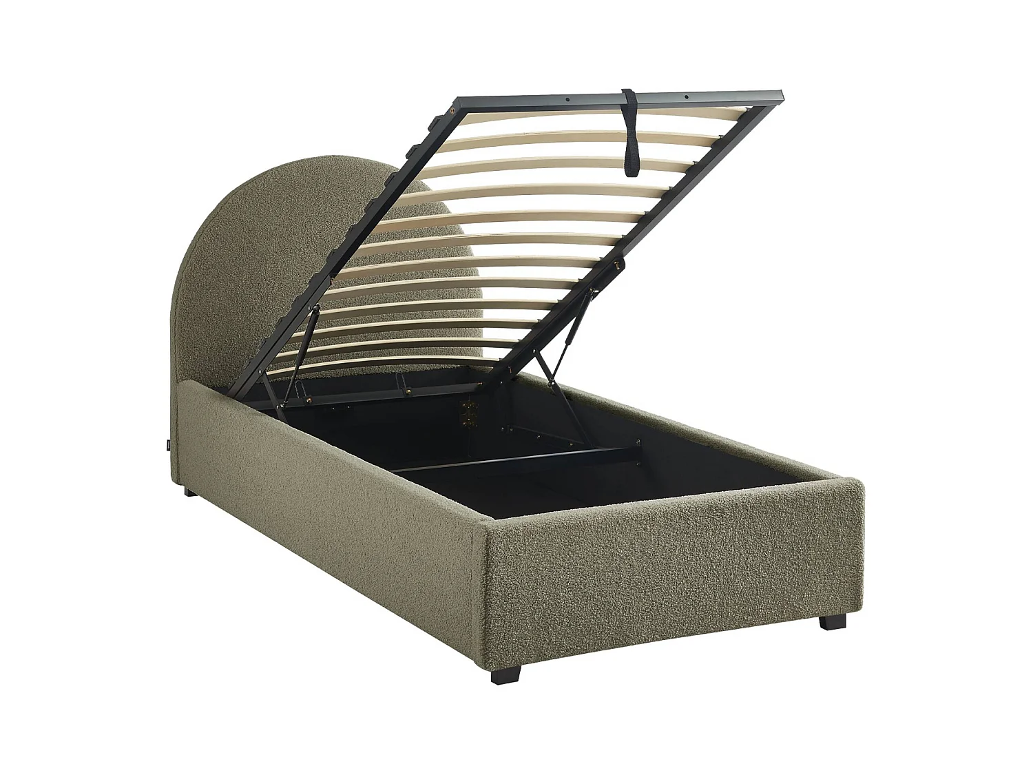 Lit coffre avec sommier à lattes et tête de lit. finition bouclette. kaki. L 206 x P 104 x H 102cm