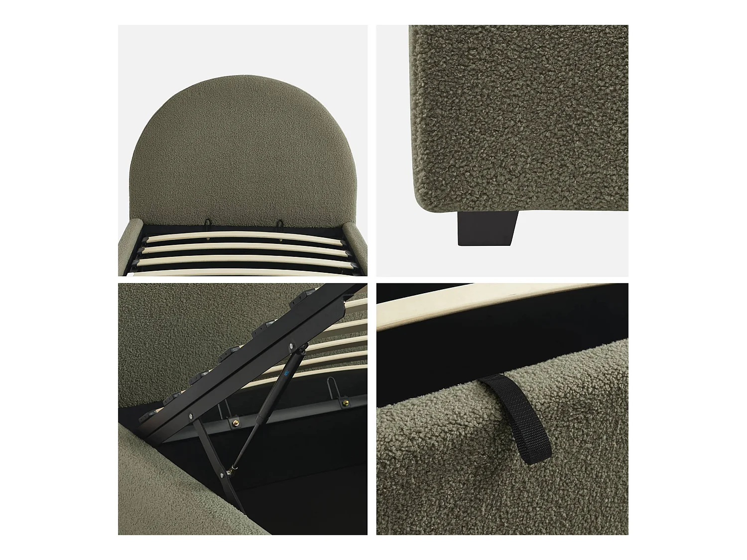 Lit coffre avec sommier à lattes et tête de lit. finition bouclette. kaki. L 206 x P 104 x H 102cm