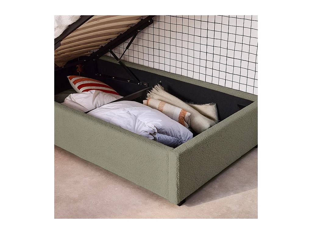 Lit coffre avec sommier à lattes et tête de lit. finition bouclette. kaki. L 206 x P 104 x H 102cm
