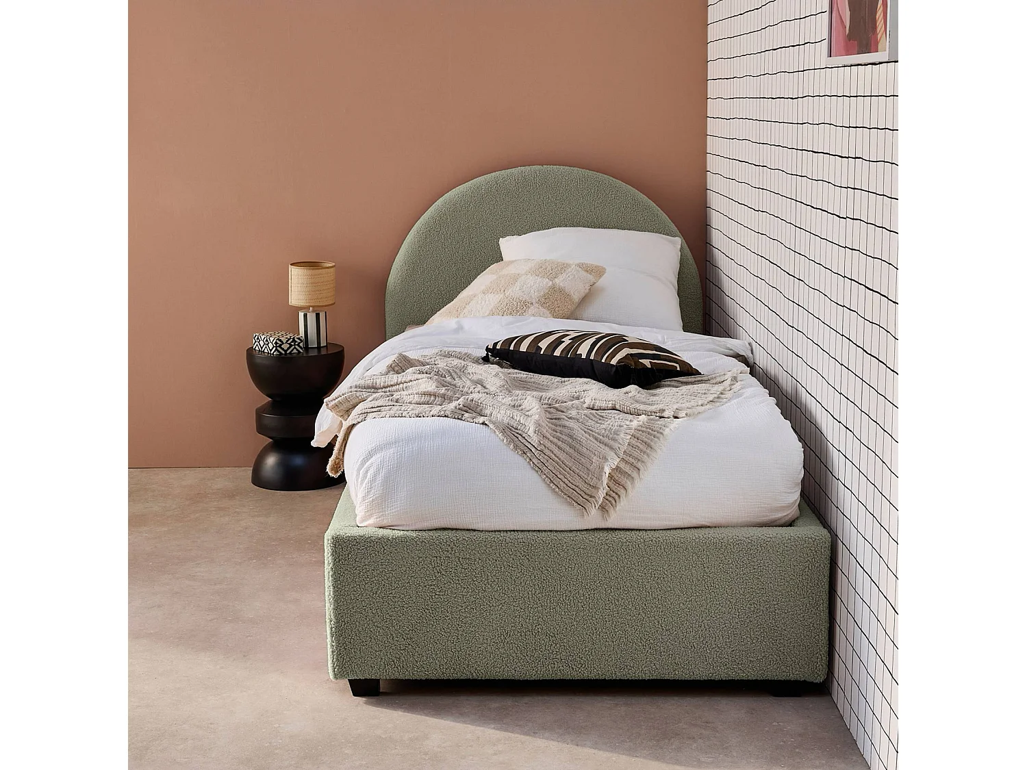 Struttura letto con contenitore e testiera 90cm, imbottita bouclé,