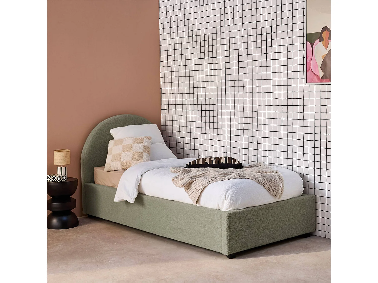 Struttura letto con contenitore e testiera 90cm, imbottita bouclé,