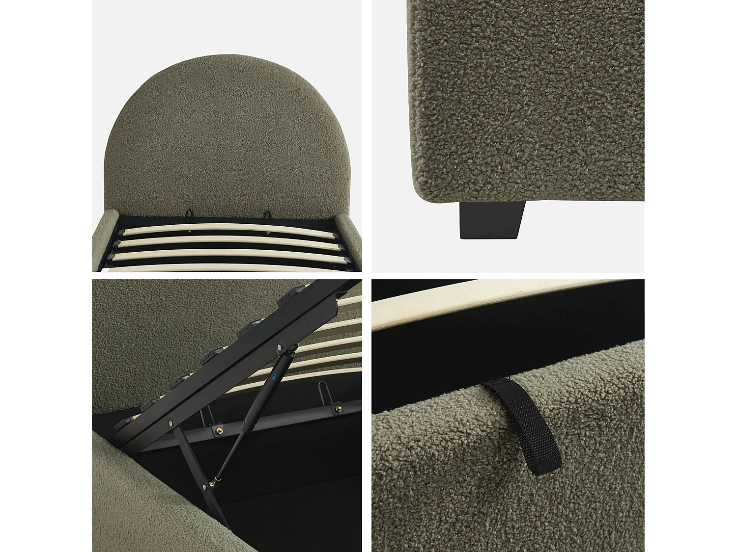 Struttura letto con contenitore e testiera 90cm, imbottita bouclé,