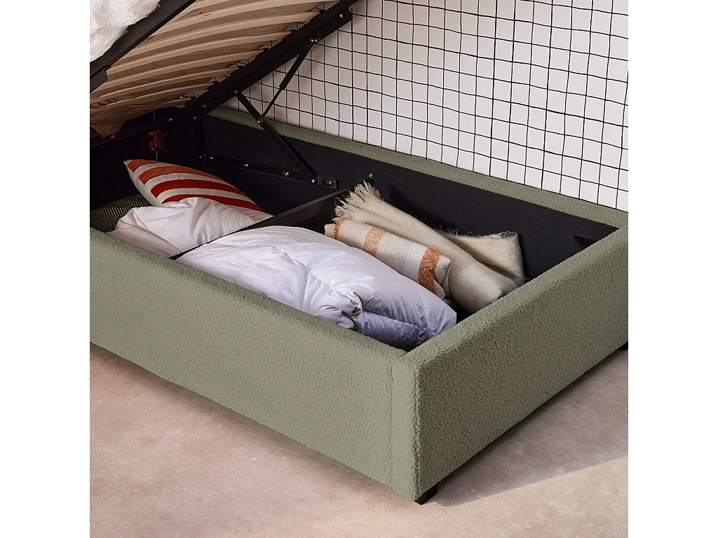 Struttura letto con contenitore e testiera 90cm, imbottita bouclé,