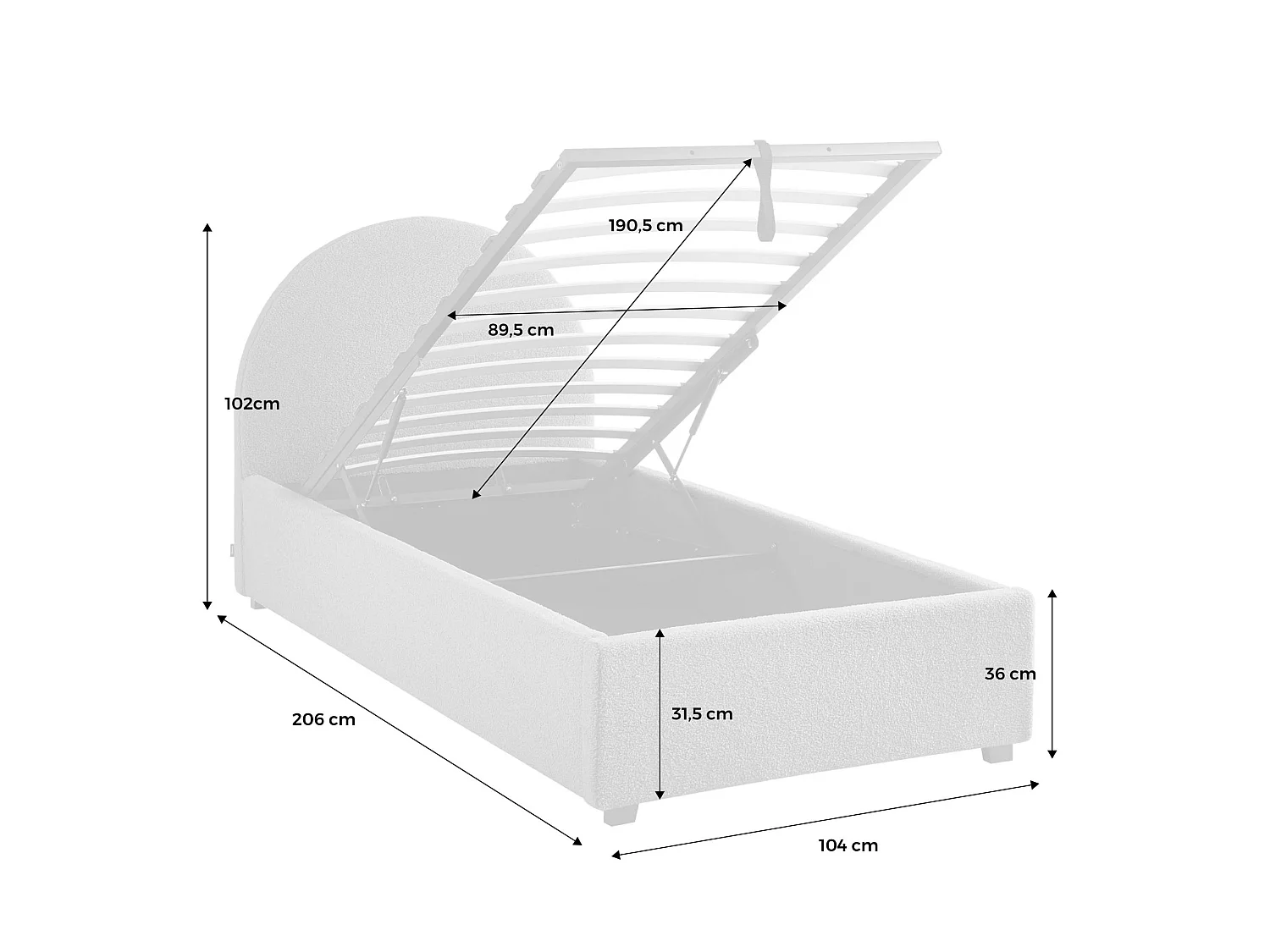 Cama con somier abatible y cabecero 90x190cm, acabado en borreguito