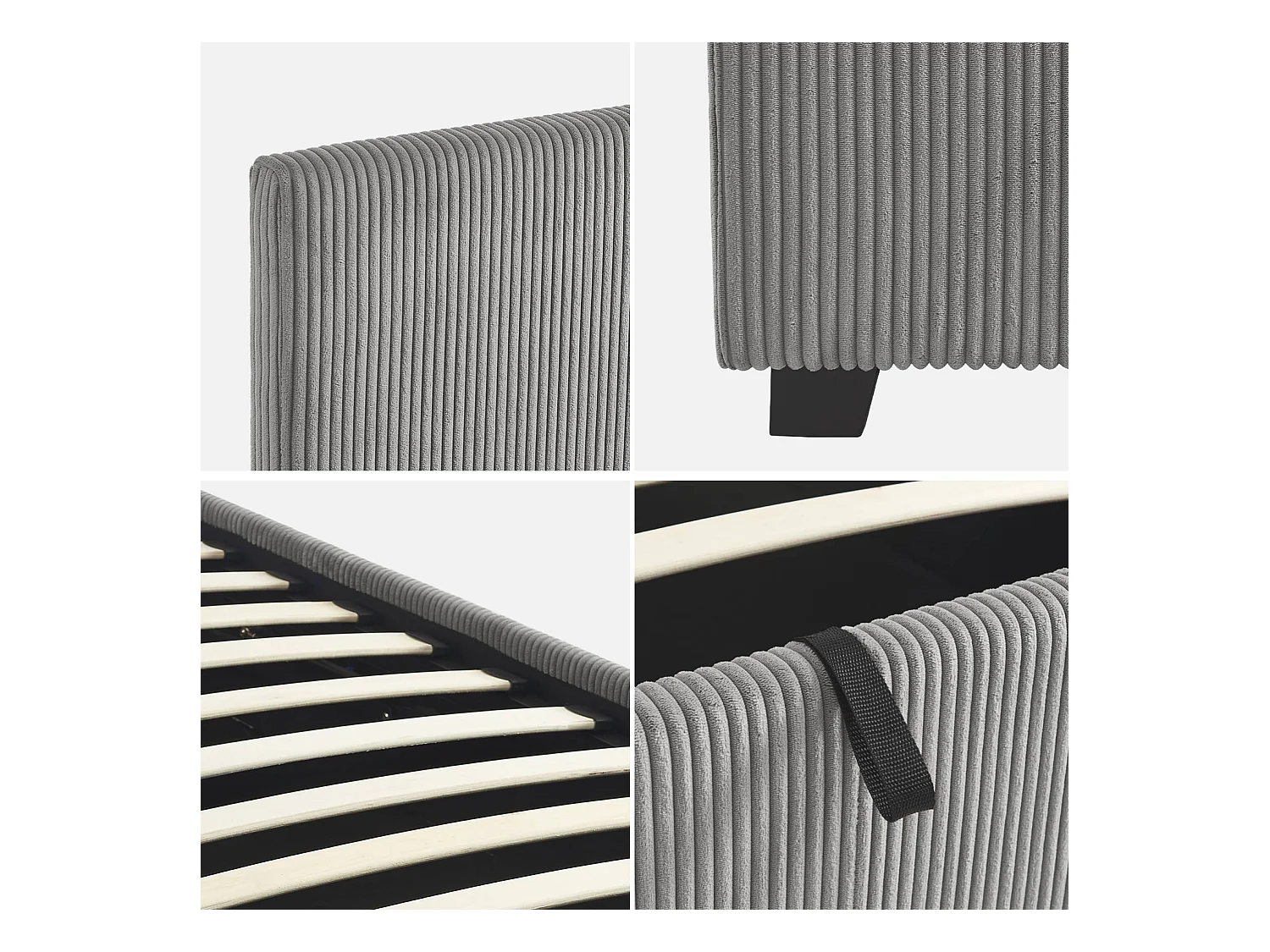 Letto con rete e testata pieghevoli 90cm, velluto a coste fini, grigio