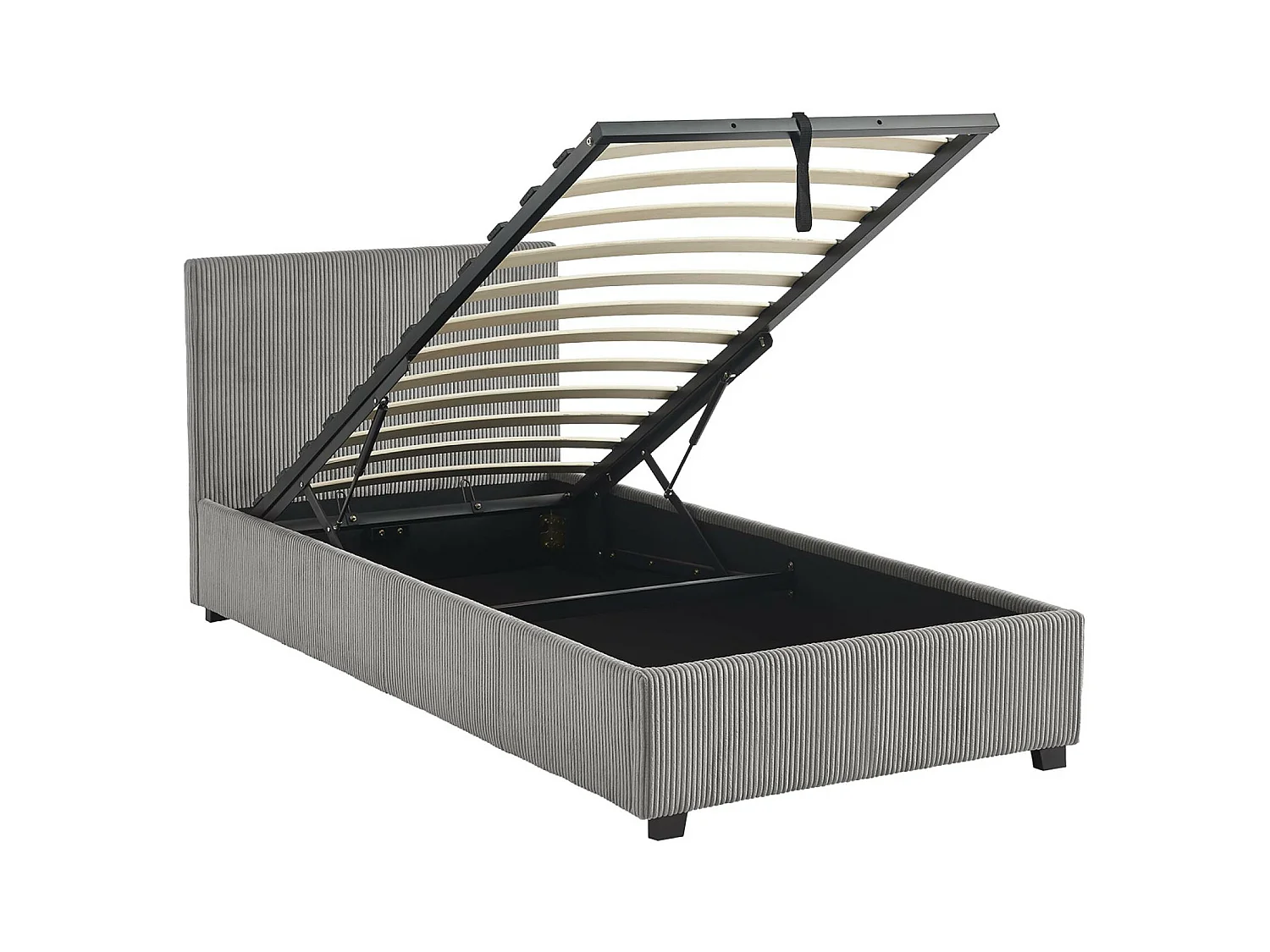 Lit coffre avec sommier à lattes et tête de lit. finition velours côtelé gris. L 202 x P 97.5 x H 86cm
